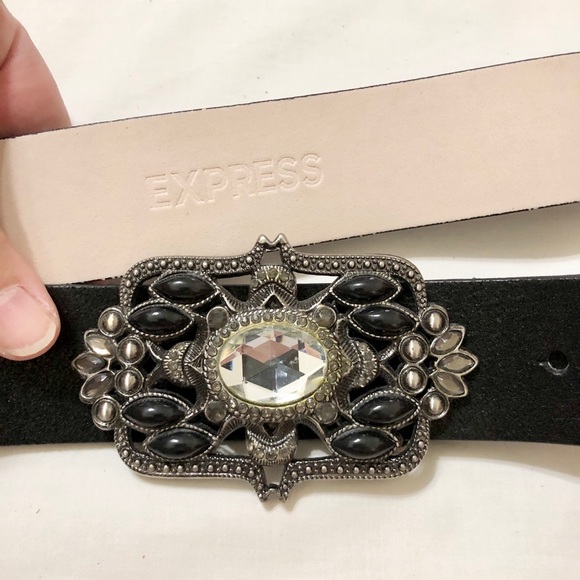 Express Women’s Black Faux Leather Belt, Fancy Rectangle Buckle with Crystals- M - Picture 12 of 17
